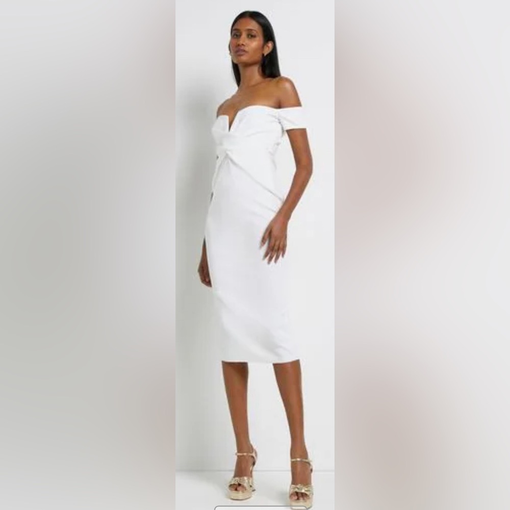 River Island White Off-Shoulder Twist Midi Dress